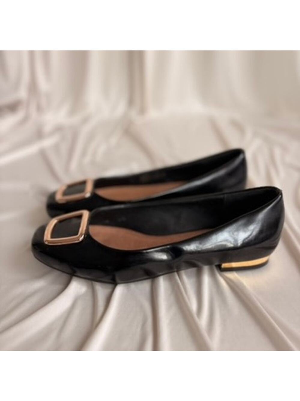 Migato Patent Loafers - Black, Gold Buckle & Heel Detail, EU 39 / US 8